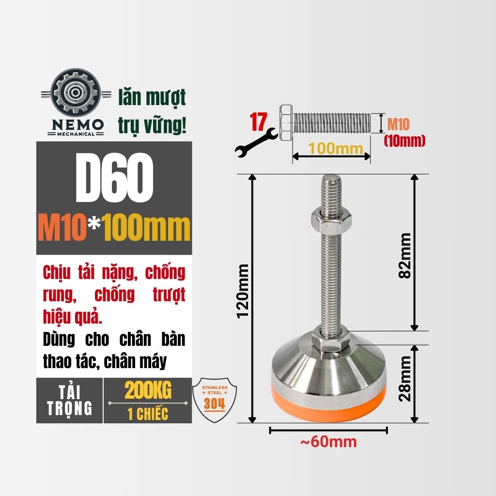 Chân Tăng Chỉnh Inox 304 Ren M10 – Chống Gỉ Tuyệt Đối, Đế Bát Dày Chịu Tải Nặng